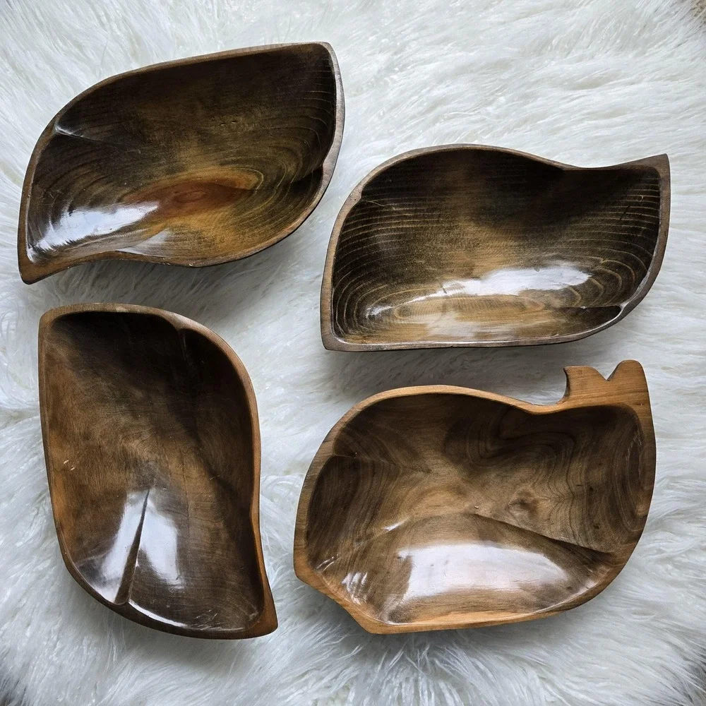 Wood Monkey Pod Salad Bowls Vintage Kitsch MCM Salad‎ Dinnerware Serving